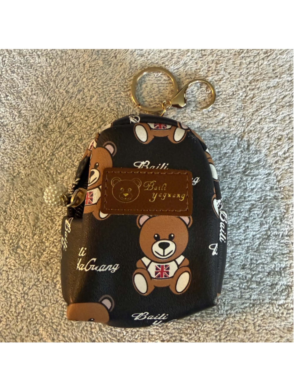 Cute Teddy Bear Mini Backpack Keychain Coin Purse Black Brown Gold